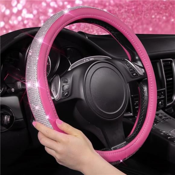 Diamond Pink Leather Steering Wheel Crystal Cover, Universal Fit 14" 1/2-15" - Picture 2 of 6